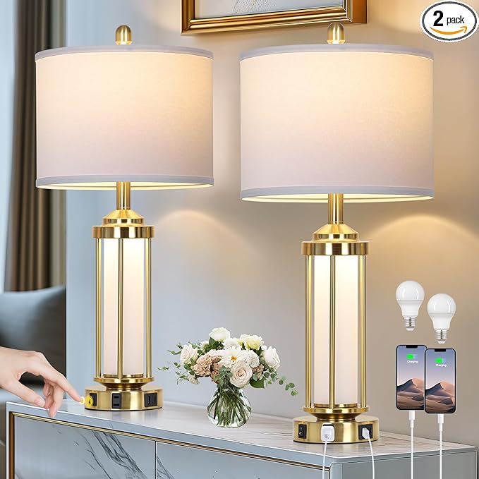 Modern Table Lamps, Gold 27" Industrial Table Lamp Set of 2 with USB A+C Charging Ports & AC Outlet, Farmhouse Rustic Beside Lamp for Living Room Bedroom Office End Table(4 LED Bulbs Included)