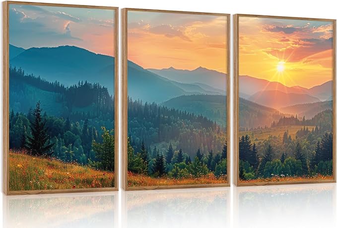 Aurlan Boho Mountain Sunset Landscape Framed Wall Art(16"x24"), 3PCS Green Blue Ridge Grand Teton National Park Canvas Artwork, Abstract Modern Watercolor Nature Forest Scenery Decor for Home Office Bedroom