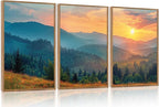 Aurlan Boho Mountain Sunset Landscape Framed Wall Art(16"x24"), 3PCS Green Blue Ridge Grand Teton National Park Canvas Artwork, Abstract Modern Watercolor Nature Forest Scenery Decor for Home Office Bedroom