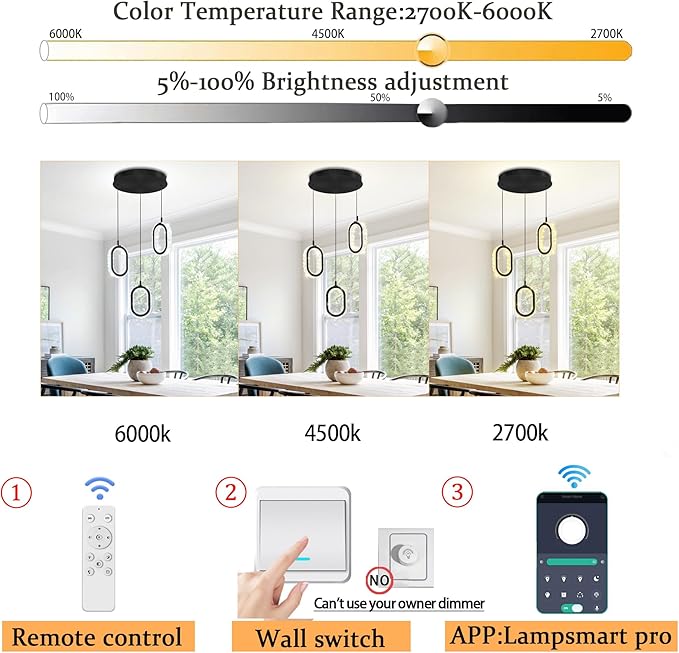 Dimmable Oval Pendant Light Modern LED Pendant Lights for Kitchen Island Adjustable Crystal Ring Chandelier for Dining Room Bedroom Living Room 3-Light Black