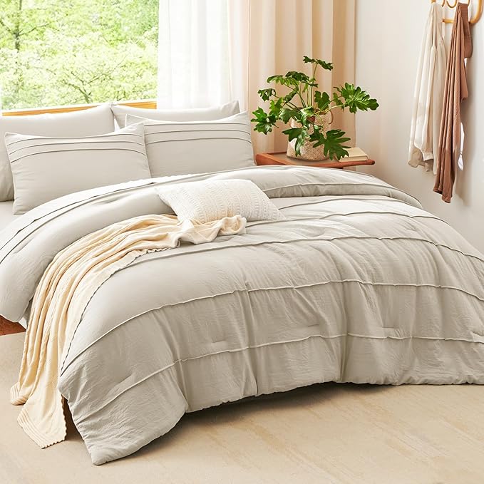 CozyLux Queen Comforter Set Beige, 7 Pieces Soft Pinch Pleat Bed in a Bag Queen Comforter Set with Sheets, Boho Bed Set with Down Alternative Comforter, Sheets, Pillowcases & Shams
