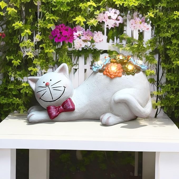 Cat Garden Figurines Outdoor Decor Solar Statue with Succulent and LED Lights for Patio Lawn Yard Art Decoration Housewarming Garden Gift