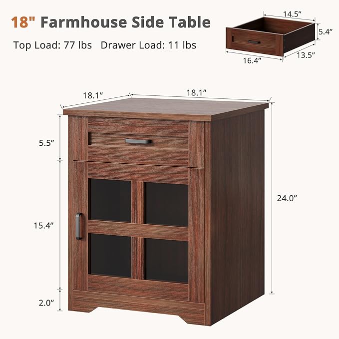 Farmhouse 18'' End Table, Narrow Sofa Side Table with Drawer and Barn Door, Wooden Nightstand Storage Cabinet for Living Room and Bedroom