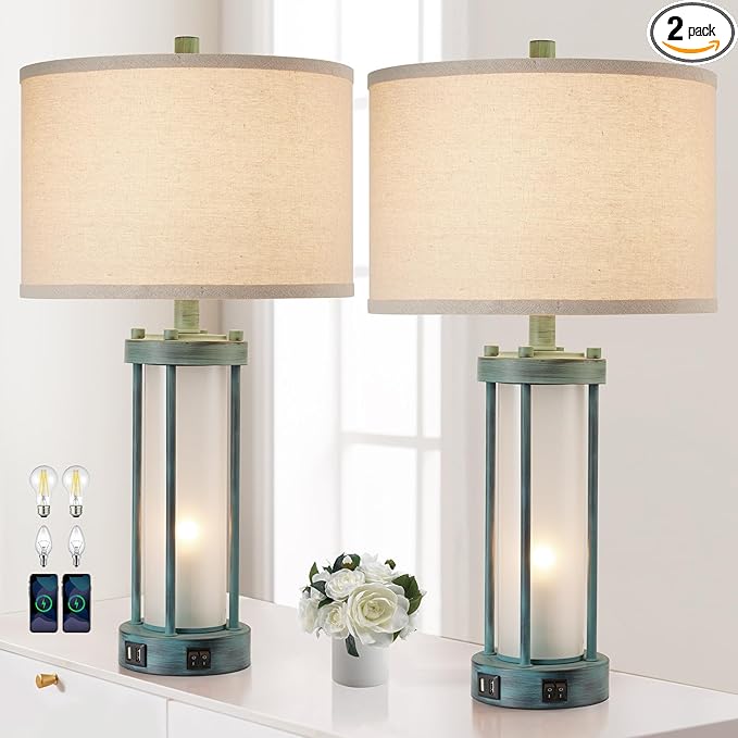 RORIA Set of 2 Rustic Table Lamps for Living Room with 2 USB Ports, Farmhouse Vintage Nightstand Lamp with White Glass Nightlight, Retro Desk Lamps for Bedroom End Table, Bulbs Included(Retro Green)