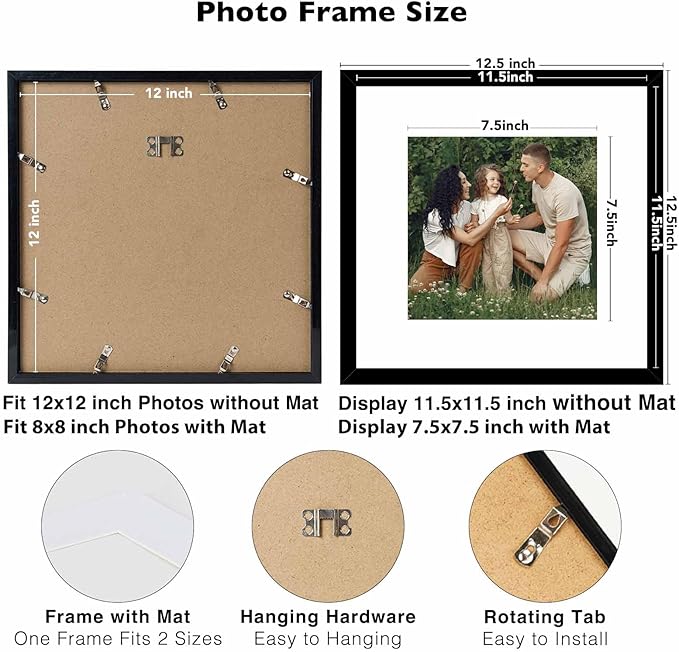 12 Pack 12x12 Picture Frame with 8x8 Mat, Display 8x8 with Mat or 12x12 Without Mat, 12 by 12 Frames Bulk Set of 12 Collage Gallery Wall Decor Photo Frames Set for Wall, Black