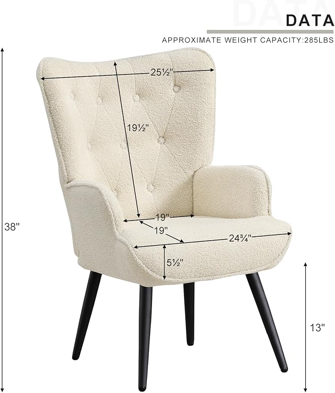 Furnimart Faux Fur White Accent Chair Mid Century Modern Living Room Chairs; Comfy Armchair Leisure Vanity Guest Wingback Chair for Office Study Vanity Bedroom Waiting Room White