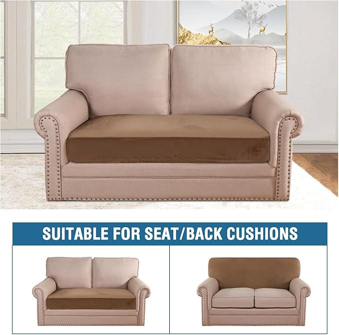 H.VERSAILTEX Velvet Stretch Individual Couch Cushion Cover Plush Slipcover for Loveseat Sofa Seat Furniture Protector Cover (1 Piece Loveseat Cushion Cover, Camel)