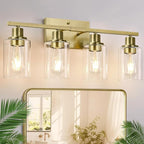 4 Light Bathroom Light Fixtures, Brass Vanity Lights for Bathroom with Clear Glass Shades, Modern Bathroom Wall Sconces for Mirror Living Room Cabinet