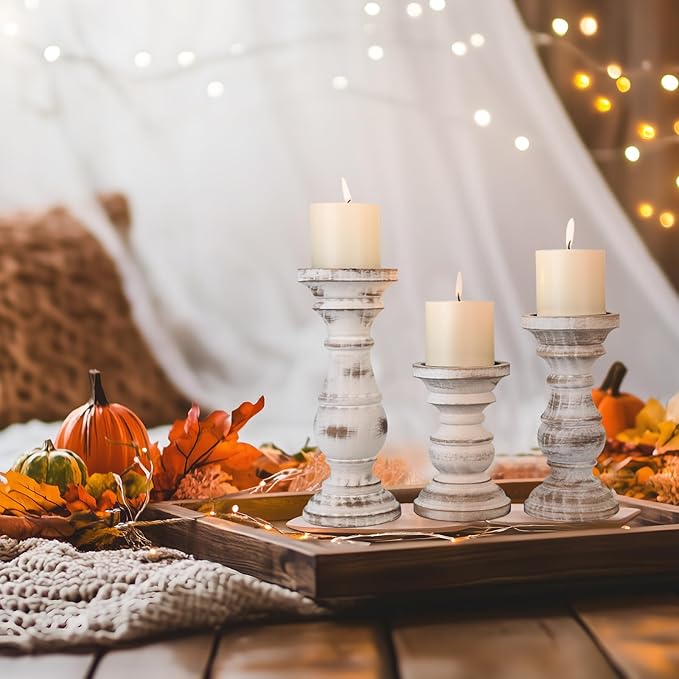 Candle Holder for Pillar Candle Set of 3, Farmhouse Wood Candle Holder, Rustic Wooden Candle Stand, Decorative Wood Candlestick Holders for Living Room, Table Centerpiece (Antique White)