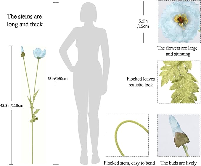 IPOPU 43.3" Poppy Flowers Artificial Flowers 6PCS Fake Silk Poppies Long Stem Artificial Flowers for Tall Vase for Wedding Party Home Decor(Baby Blue)