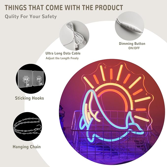 Whale Neon Sign for Wall Decor Ocean Neon Light Sunrise Sunset LED Neon Sign Colorful Led Neon Light for Bedroom Living Room Shop Decoration