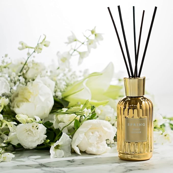 SPRING Fragrance Reed Diffuser Set | 6.1 oz (180ml) | Fragrance Made in France | Home Décor | Scented Aromatic Oil | Room Air Freshener White Flower | Lily, Jasmine, Lily of The Valley and Tuberose