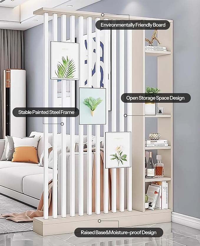 Wall Room Divider, Storage Cabinet Storage Display with Shelves, Modern Freestanding Wood Room Divider Screen, Wall Privacy Screens for Home Decorative (Beige+White,55" L x 9.5" W x 79.5" H)