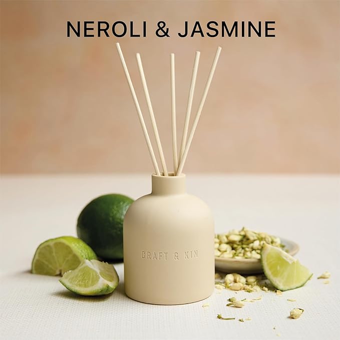 Craft & Kin Reed Diffuser for Home & Bathroom – Neroli & Jasmine Reed Diffuser Set with Fragrance Sticks, Long-Lasting Alcohol-Free Scent, Fall Earthenware Collection, 6.7oz