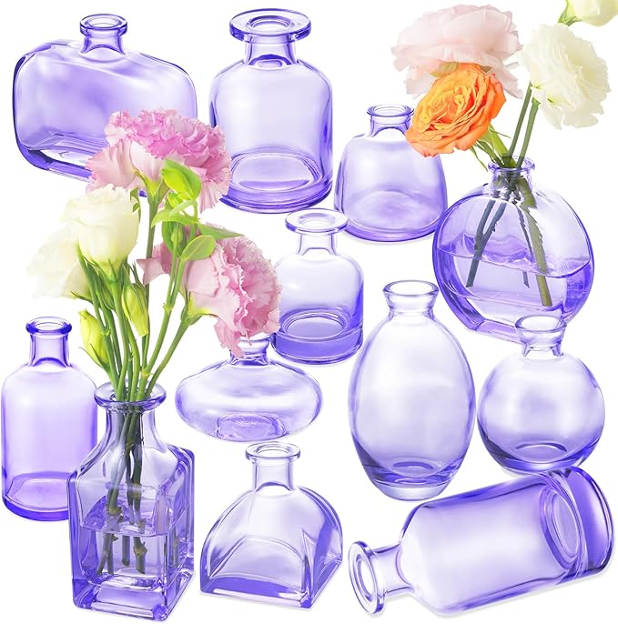 Glass Bud Vases Set of 12, Purple Small Glass Vase for Wedding Centerpieces, Clear Vase in Bulk | Purple Bud Flower Vases for Elegant Floral Displays, Table Decor, Event Styling