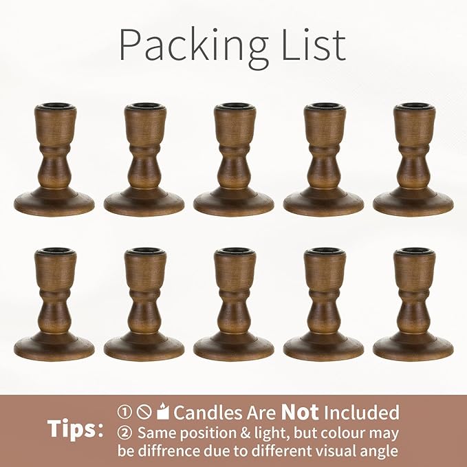 Wooden Taper Candle Holders: Wood Candlestick Holders Rustic Brown Farmhouse Fall Decor for Living Room Dinning Table Centerpiece Christmas Set of 10
