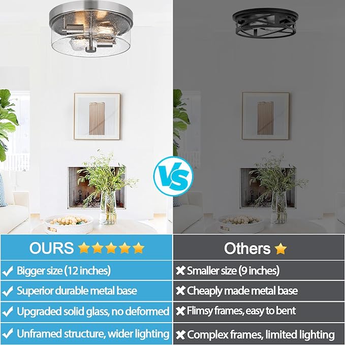 Flush Mount Ceiling Light Fixtures, 2-Light 12 Inch Brushed Nickel Close to Ceiling Light Fixtures with Seeded Glass Shade Ceiling Light Fixture for Porch, Hallway, Bathroom, Dining Room and Foyer