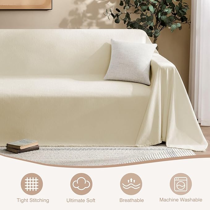 Couch Cover for Dogs Sectional Sofa Covers Washable for 2 Cushion Couch, Chenille Couch Cover Blanket, Sectional Sofa Slipcovers, Multi-Use Furniture Protector for Kids, Pets, 71" X134", Beige