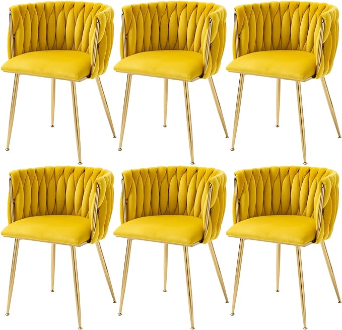 Nrizc Woven Dining Chairs Set of 6, Velvet Upholstered Dining Chairs with Gold Metal Legs, Modern Accent Chairs for Living Room, Dining Room, Kitchen (Yellow)