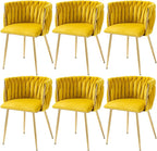 Nrizc Woven Dining Chairs Set of 6, Velvet Upholstered Dining Chairs with Gold Metal Legs, Modern Accent Chairs for Living Room, Dining Room, Kitchen (Yellow)