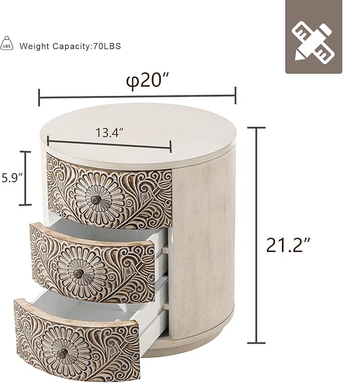 HOMPUS Round End Table Set 2, Fully Assembled Nightstand w 3 Storage Drawers, Farmhouse Wood Dresser Set of 2, Vintage Nightstand Bedside Tables, Aceent End Tables for Bedroom, Rustic White