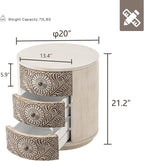 HOMPUS Round End Table Set 2, Fully Assembled Nightstand w 3 Storage Drawers, Farmhouse Wood Dresser Set of 2, Vintage Nightstand Bedside Tables, Aceent End Tables for Bedroom, Rustic White