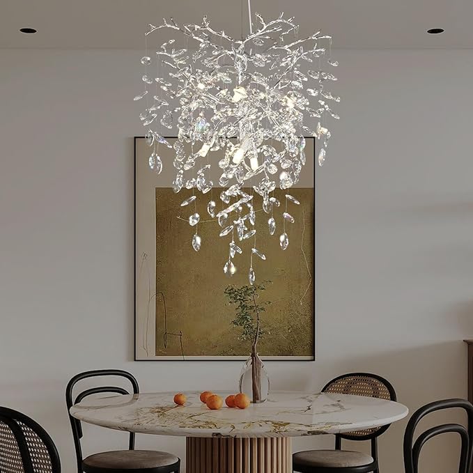 Silver Crystal Tree Branches Chandelier,21 Inchs 6 Lights Modern Round K9 Crystal Chandeliers for Dining Room, Bedroom, Living Room, Foyer,Kitchen Island,Bathroom