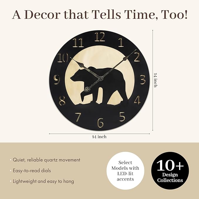 Young's Inc Wood Bear Carved Wall Clock - Wall Clocks for Living Room Decor - Functional and Decorative Beach, Lake, and Farmhouse Wall Clock - 14" W x 14" H