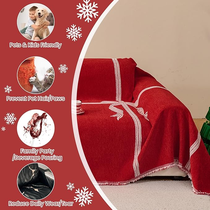 Chenille Armchair Sofa Slipcover Washable Furniture Protector Recliner Couch Cover 1-Piece Cushion Stain Resistant Chair Cover Soft Breathable Couch Cover Blanket, Red Bow 71"x 102"