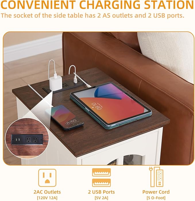 Farmhouse End Table Set of 3 with Charging Station, 18'' Narrow Side Table and 24" Large Sofa Side Table with Glass Barn Door Storage, Wood Night Stand Bedside Table for Living Room,Bedroom