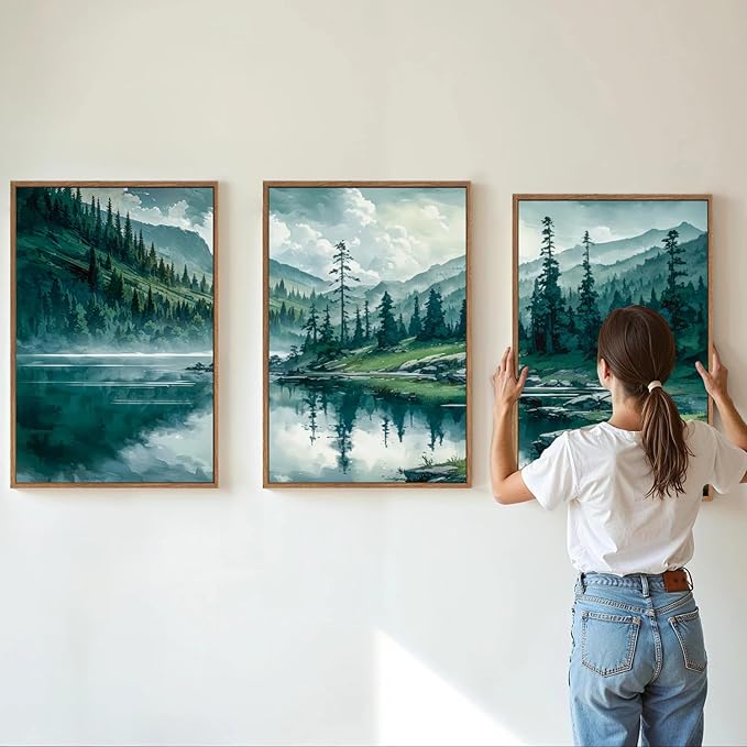 Tinonedraw Large Nature Forest Framed Canvas Wall Art Set, Boho Mountains Calming Lake Wall Decor, Green Pine Trees Artwork, Northern Wilderness Art Painting for Living Room Bedroom Office 24"x36"x3
