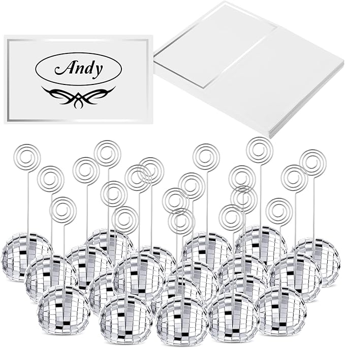 Prasacco 20 Set Disco Ball Table Number Holders, 2 Inch Silver Disco Ball Place Card Holder with Swirl Wire Clips und Name Cards for Wedding Party Decoration, Photo Display Holder, Desktop Decorations