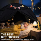 Sumbababy Twin Size Bed Canopy: Lights & Flags Indoor Floor Bed Kids Tent Playhouse - Portable & Foldable Twin Bunk Curtains - Girls & Boys Bedroom Privacy Space Blackout Tents Slumber Gifts (Black)