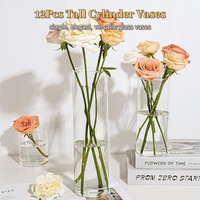 12Pcs Glass Cylinder Vases 12 Inch Tall Clear Flower Vases for Centerpieces Wedding Decoration, Hurricane Floating Candle Holder for Party Table Home Decor