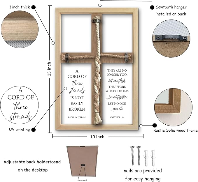 flowtorely A Cord of Three Strands Wedding Ceremony Unity Wall Decor 15"X10" Matthew 19 6 Christian Marriage Prayer Cross Sign Framed Wall Hanging Art (Wood)