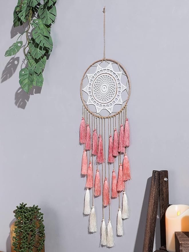 Artilady Macrame Dream Catchers for Bedroom - Tassel Wall Hanging Handmade Dreamcatchers Home Decor with Tassel Feather Ornament Craft Blessing Gift (Pink)