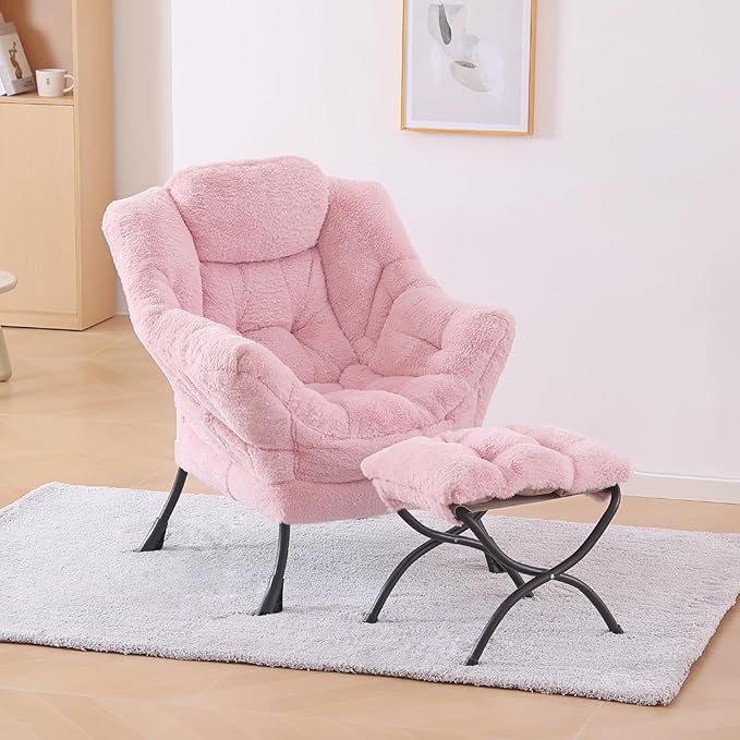 Plush Lazy Chair and Ottoman, Large Contemporary Accent Lounge Chair with Armrests and a Side Pocket, Modern Leisure Upholstered Sofa Reading Armchair with Footrest for Bedroom, Living Room