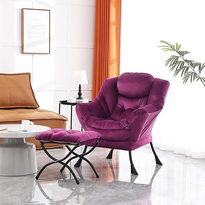 Lazy Chair and Ottoman, Large Accent Lounge Chair with Armrests and a Side Pocket, Modern Leisure Upholstered Sofa Reading Armchair with Footrest for Bedroom, Living Room, Dorm Rooms, Office
