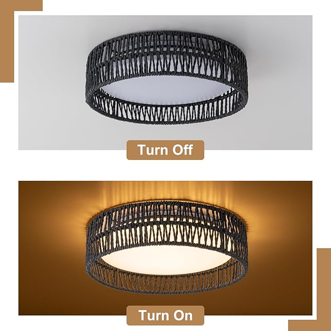 SineRise 12" Flush Mount Ceiling Light,25W LED Rattan Ceiling Light Fixture,Dimmable Handmade Boho Light Fixtures with Rattan,Farmhouse Lighting Fixtures Ceiling for Hallway Kitchen Bedroom(Black)