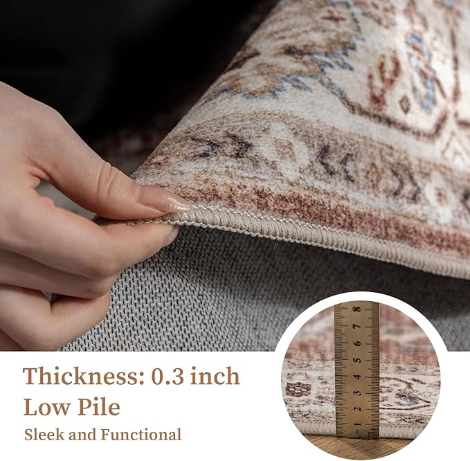 5'x7' Area Rug - Vintage Persian Medallion Design Low-Pile Faux Wool Rug, Non-Slip Backing, Machine Washable, for Living Room, Dining Room, Bedroom (Brick Red)