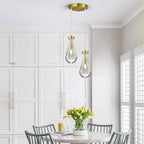 Raindrop Pendant Lights Kitchen Island Teardrop Gold Hanging Light Fixtures Clear Solid Glass Pendant Light Modern Chandeliers for Dining Room Porch Corridor Living Room(2-Light)