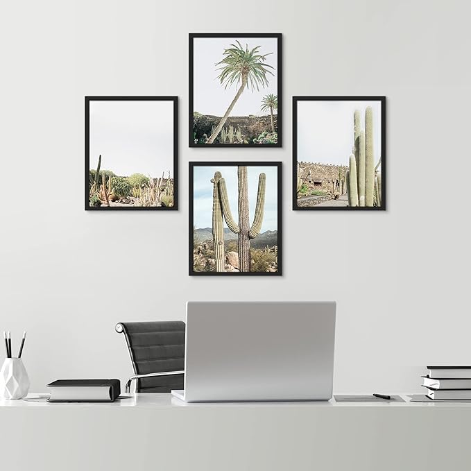 SIGNWIN Framed Tropical Palm Tree Saguaro Cactus Wall Art, Set of 4 Desert Landscape Wall Decor Prints, Nature Wilderness Wall Décor for Living Room, Bedroom - 11"x14"x 4 Black