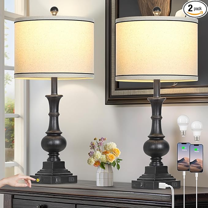 Farmhouse Lamps Set of 2, Antique Vintage Rustic Touch Control Table Lamps with USB A+C Ports & AC Outlet, Retro Classic Bedside Nightstand Lamp for Living Room Bedroom Office Black