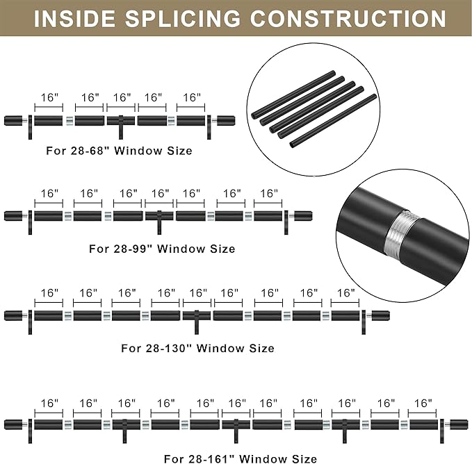 Curtain Rods for 28-161” Windows, Splicing Construction, 1” Adjustable Drapery Rod with Aluminum Alloy Brackets and Finials for Window, Sliding Door, Patio, Living Room Decoration, Matte Black