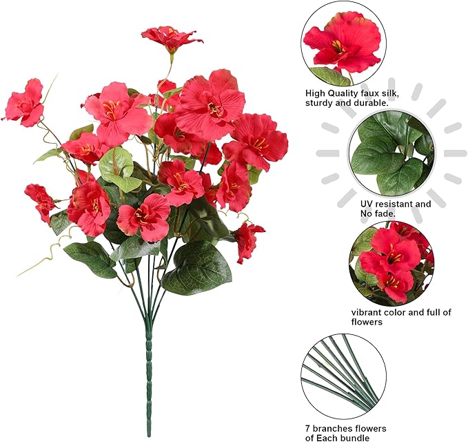 Hibiscus Artificial Flowers Plants for Outdoors Decoration, 6 Bundles Silk Hibiscus Bouquet Tropical Flowers Artificial Realistic UV Resistant Fake Flowers for Outside Planter Porch Patio Balcony, Mix