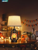 LEDIARY 18.72" Black LED Lantern Flickering Flame Table Lamps for Bedrooms Set of 2, Small Farmhouse Rustic End Table Lamps, Halloween Decorative Lantern Bedside Lamps for Living Room