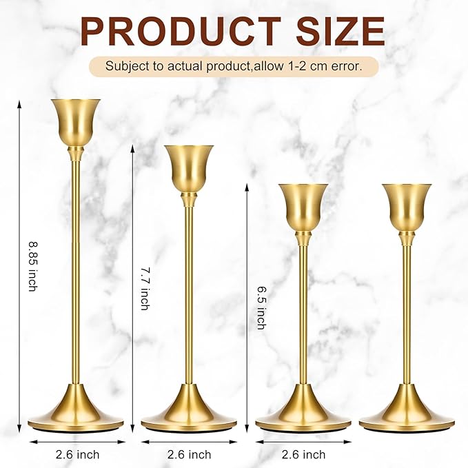 4PCS Candle Holder, Taper Candle Stick Holder - Gold Candle Holders, Holders Vintage Decor Dinner Table Dining Room Centerpieces Decorations for Wedding Fireplace Mantel.(Candles are not Included)