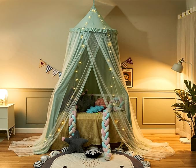 VETHIN Bed Canopy for with Lights,Double Layer Princess Round Dome Dreamy Mosquito Net Bedding Girls Room Castle Play Tent Hanging House Decor Reading Nook Canopies(Green/White)