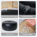 Outdoor Inflatable Ottoman with Air Pump, Embroidery Patio Footrest Stool D21”x H9”, Round Pouf Ottoman with Portable Handle Suitable for Garden, Camping, Bedroom, Living Room