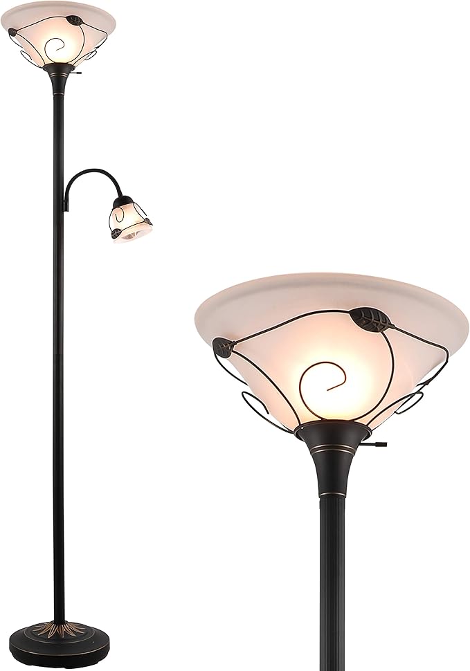 VONLUCE Torchiere Floor Lamp with Side Reading Light, 3-Way Switch Combo Antique Bronze Mother Daughter Floor Lamp with Glass Shade, 71" Desk Floor Lamp for Living Room Corner Bedroom Home Office